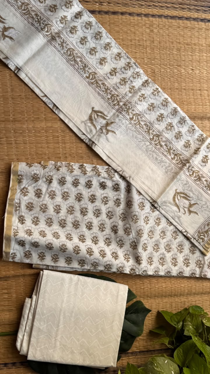 'Gauri' White Unstitched Cotton Chanderi Suit