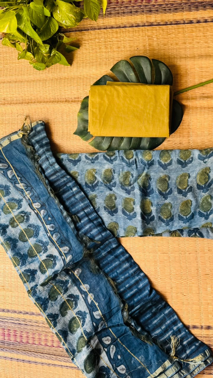 'Geet' Blue Cotton Chanderi Unstitched Suit