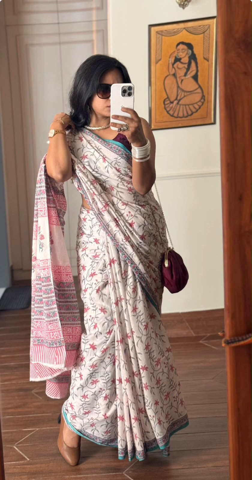 'Mehr' Pink and White Handblock Mul Cotton Saree