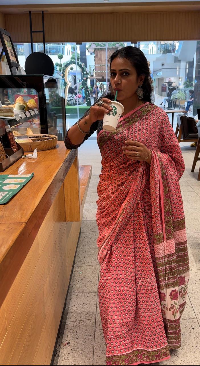 'Mira' Pink Handblock Mul Cotton Saree