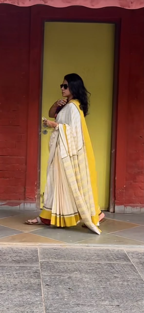 'Ira' Yellow and White Mul Cotton Handblock Saree