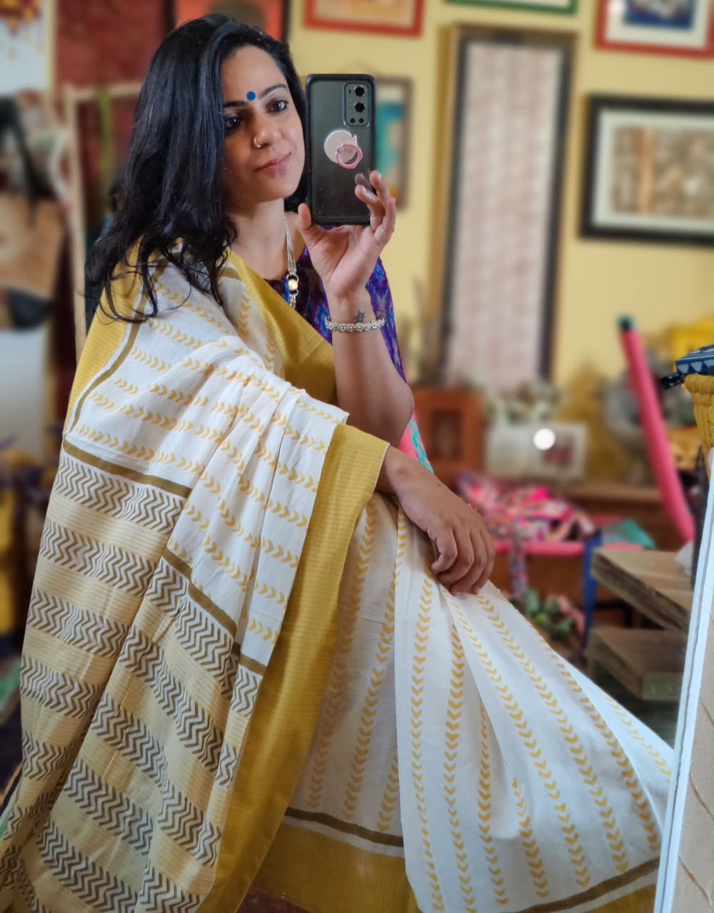 'Ira' Yellow and White Mul Cotton Handblock Saree