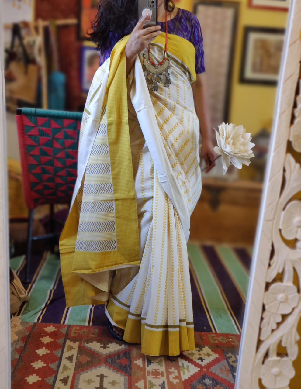 'Ira' Yellow and White Mul Cotton Handblock Saree