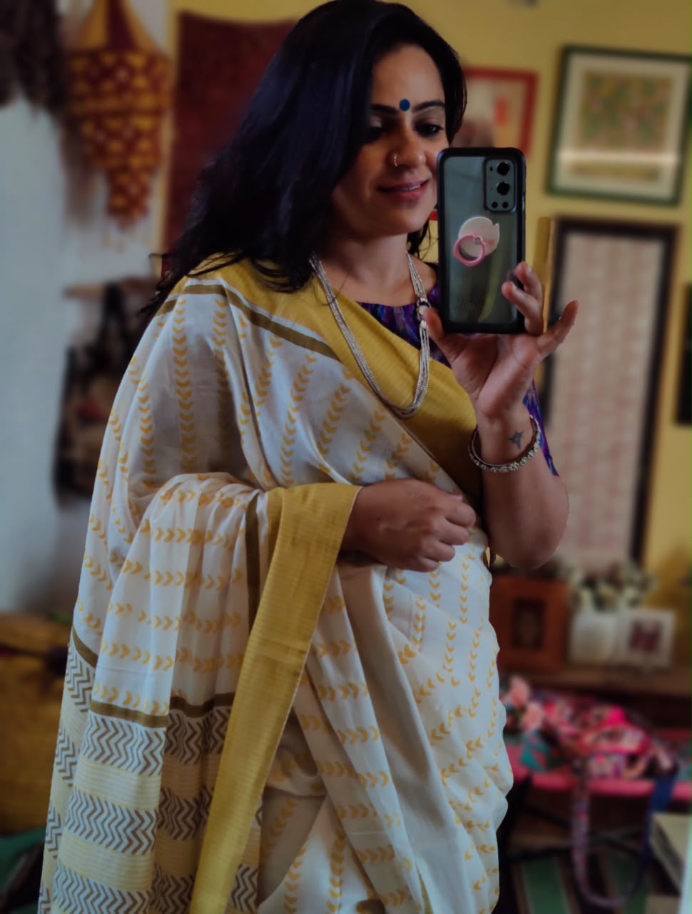'Ira' Yellow and White Mul Cotton Handblock Saree