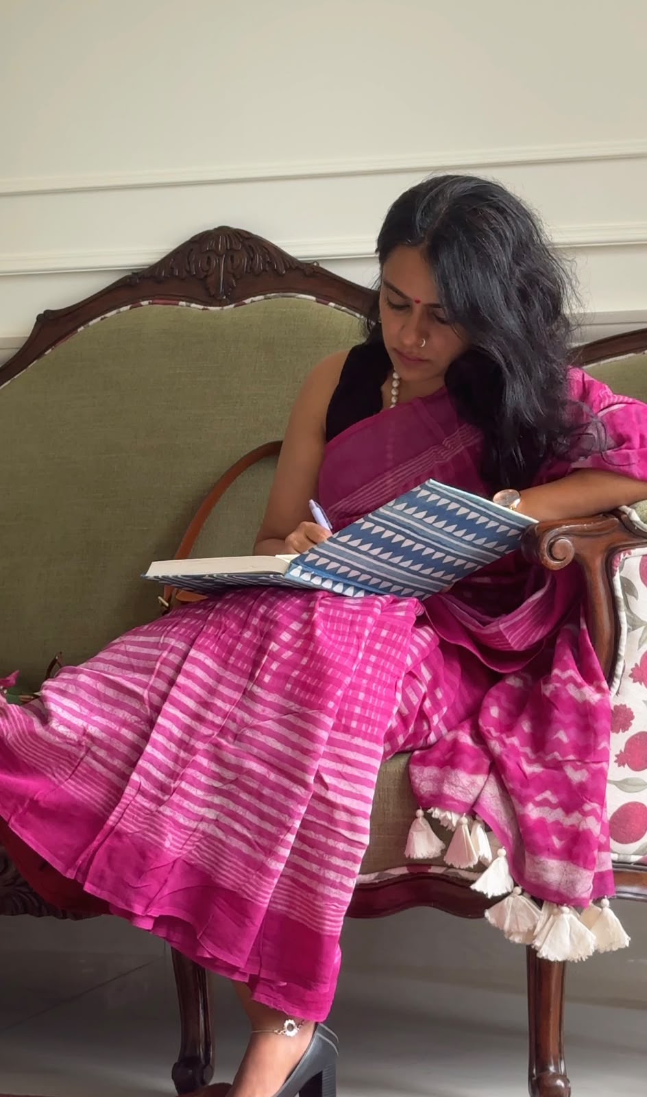 'Noor' Pink Hanblock Cotton Chanderi Saree