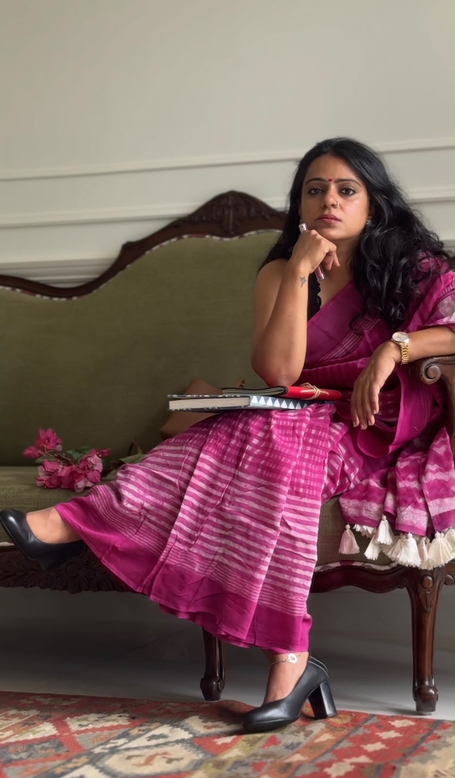 'Noor' Pink Hanblock Cotton Chanderi Saree