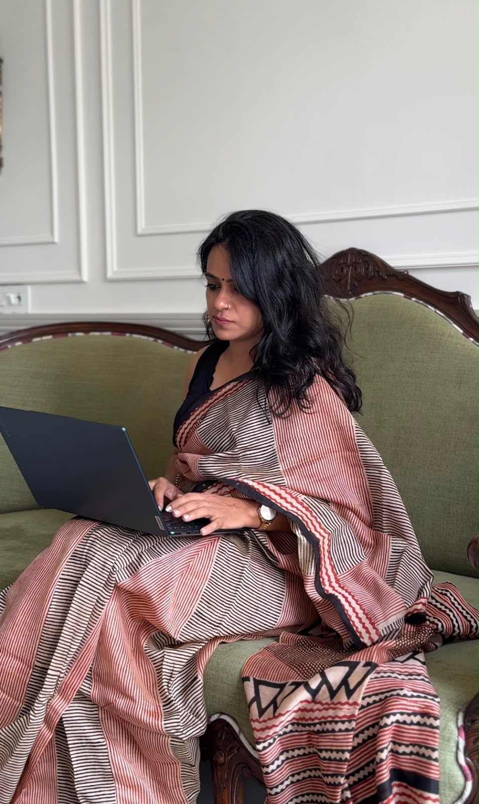 'Zoya' Red Hanblock Cotton Chanderi Saree