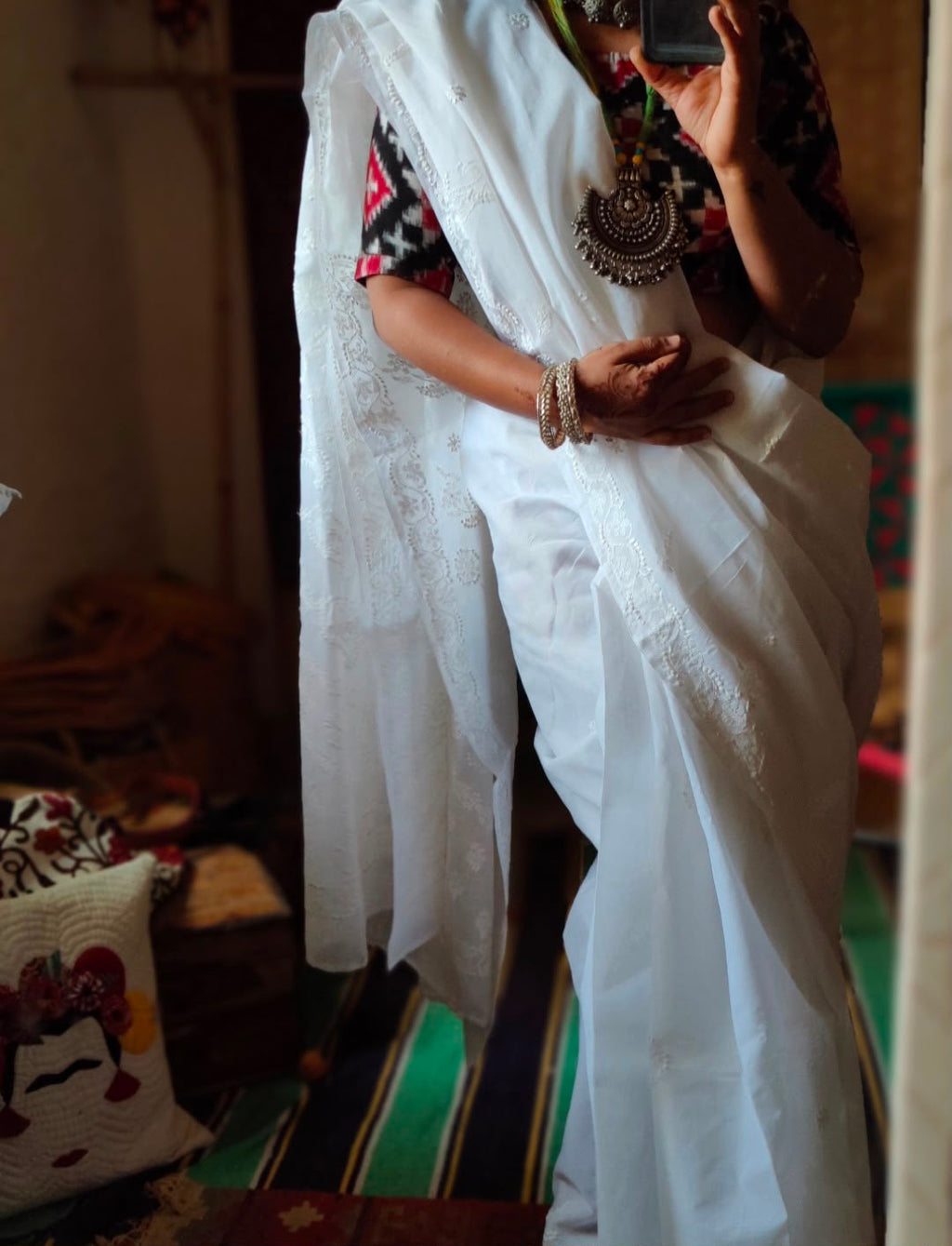 'Gulrukh' White Chikankari Mul Cotton Saree