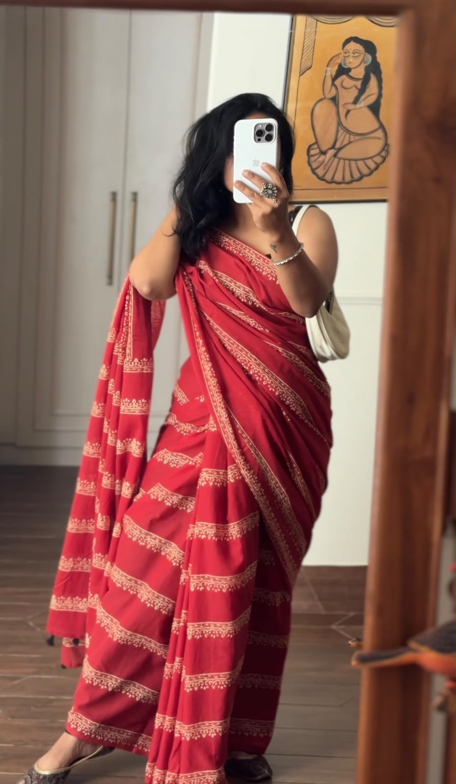 'Maya' Red Mul Cotton Handblock Saree