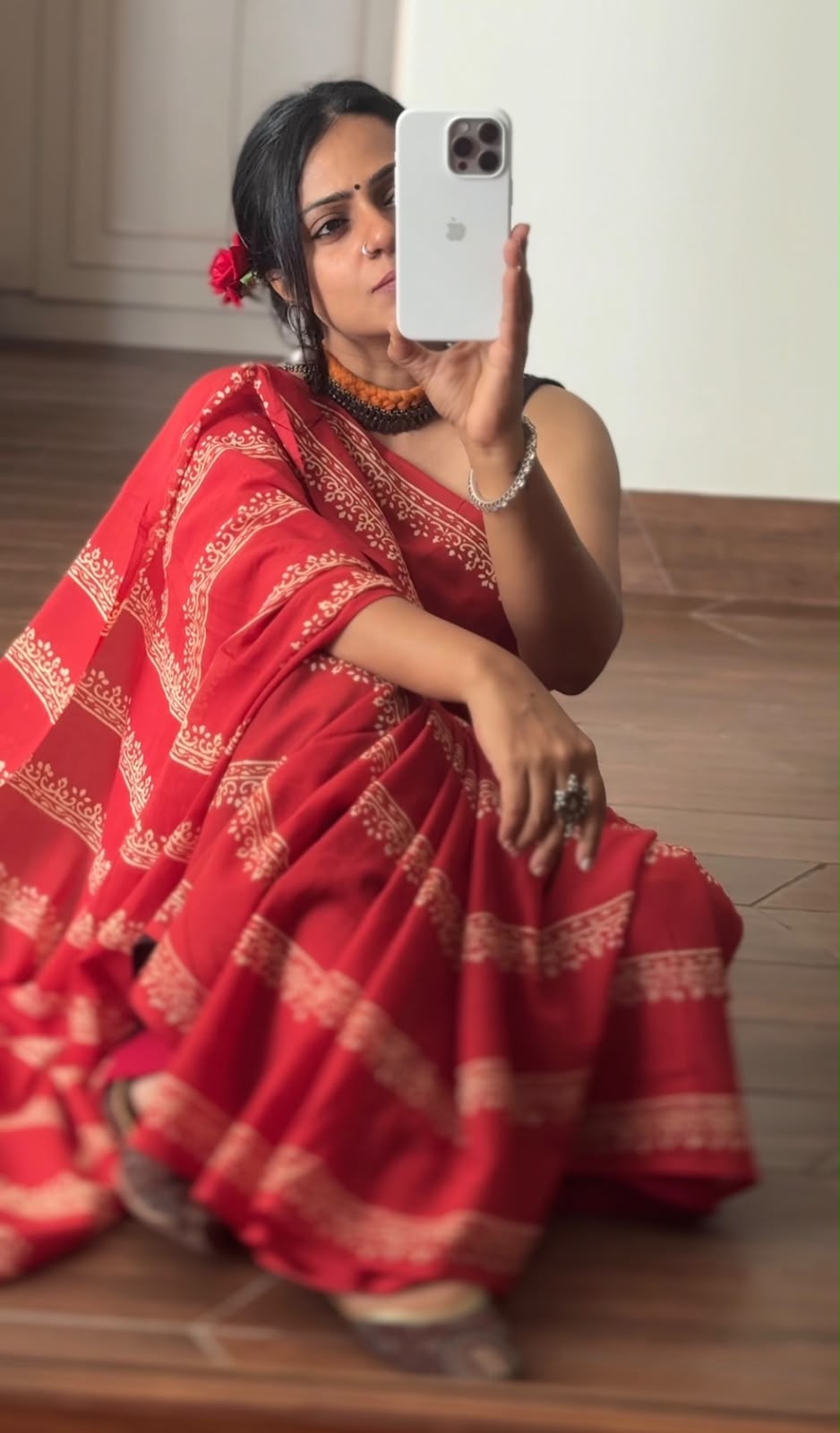 'Maya' Red Mul Cotton Handblock Saree