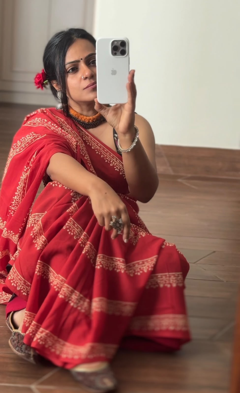 'Maya' Red Mul Cotton Handblock Saree