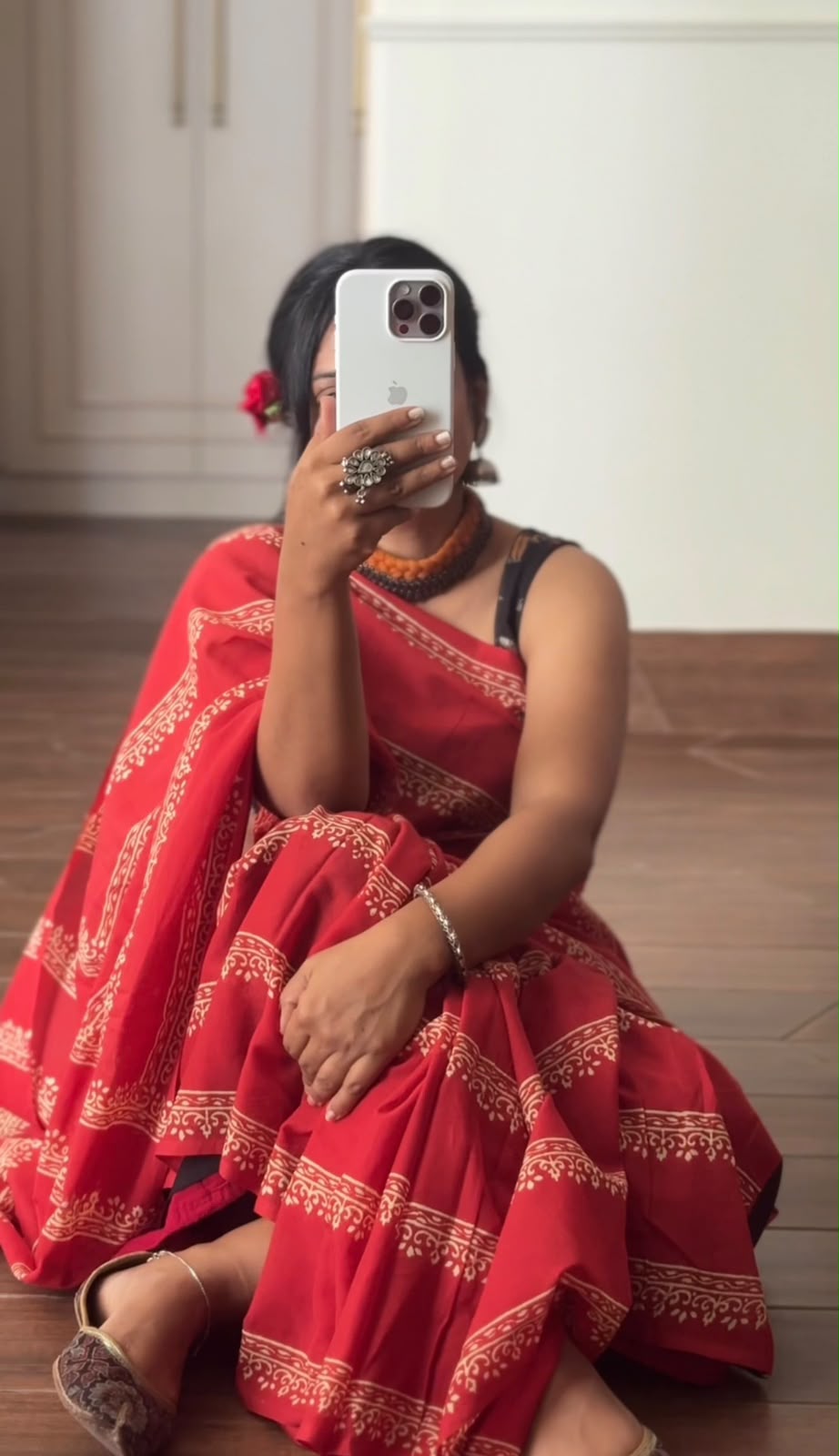 'Maya' Red Mul Cotton Handblock Saree