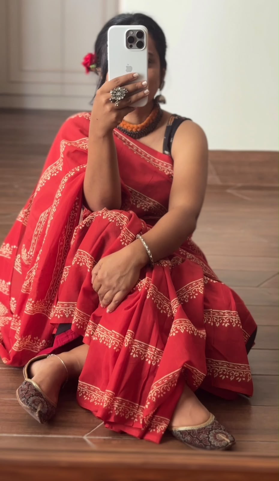 'Maya' Red Mul Cotton Handblock Saree