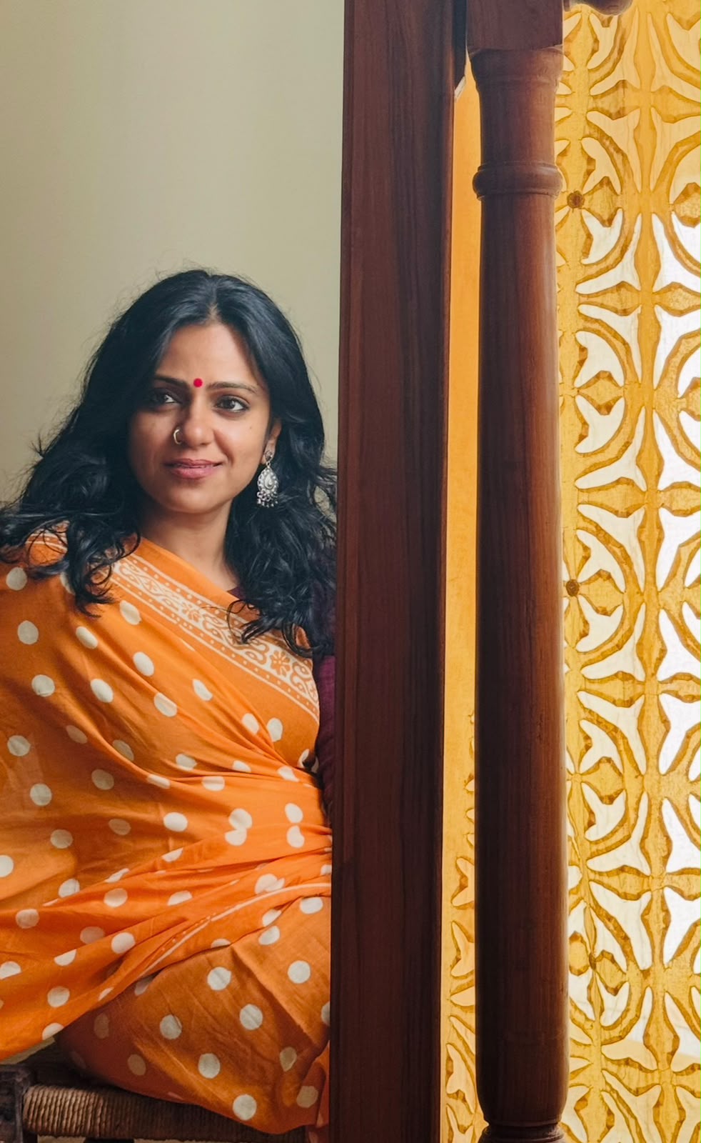 'Bindu' Orange Mul Cotton Handblock Saree