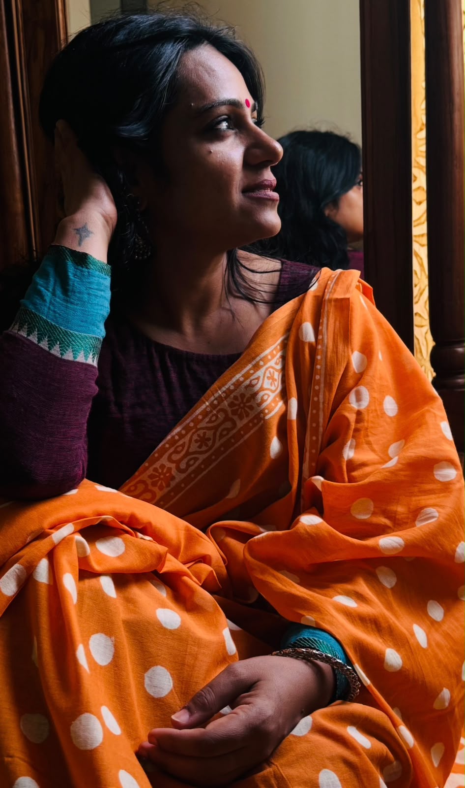 'Bindu' Orange Mul Cotton Handblock Saree