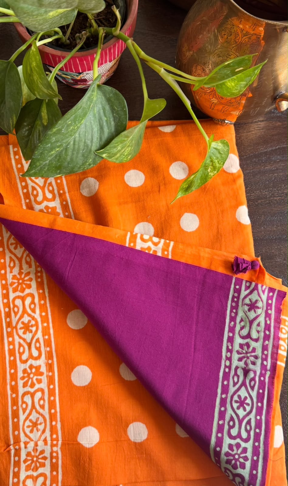 'Bindu' Orange Mul Cotton Handblock Saree