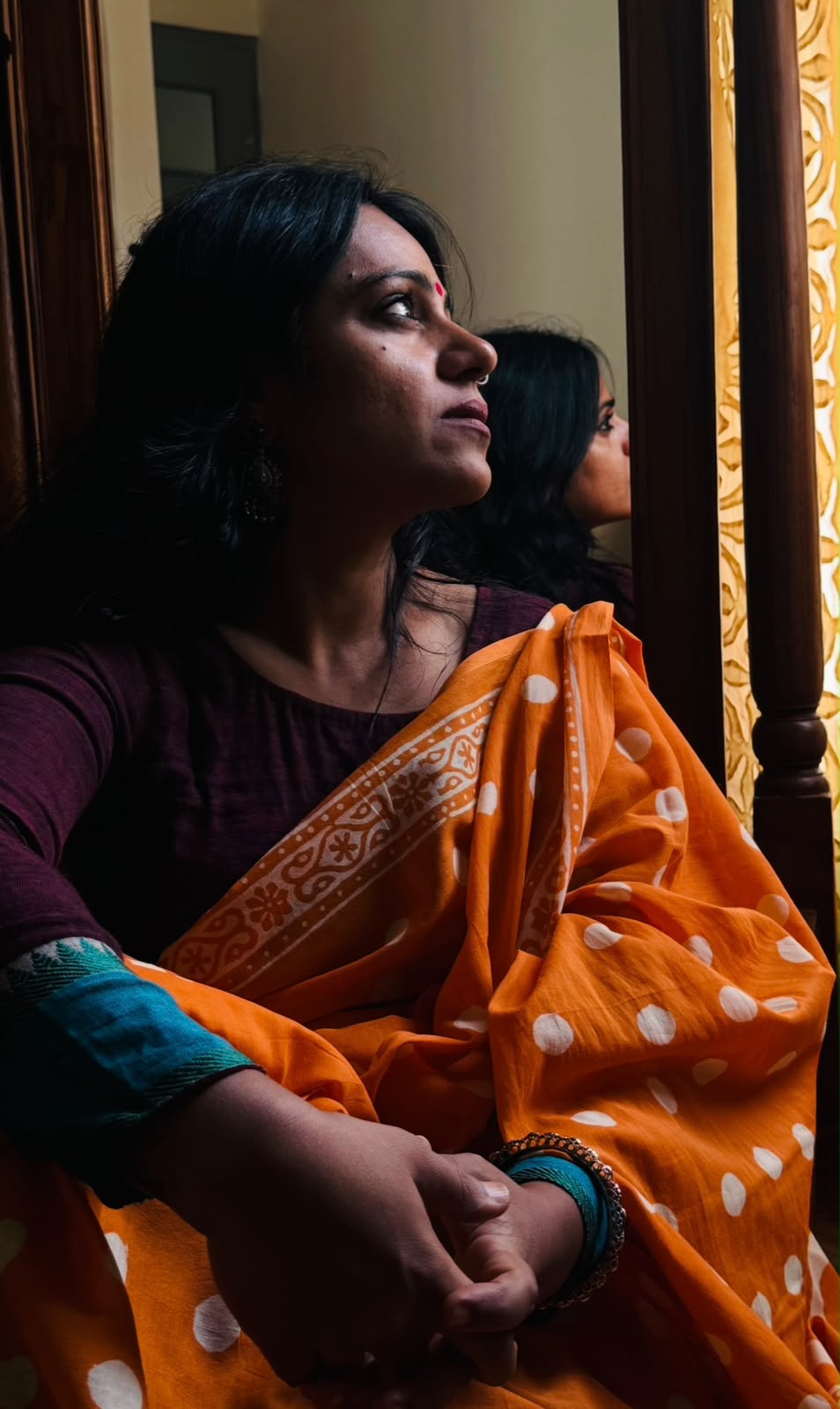 'Bindu' Orange Mul Cotton Handblock Saree
