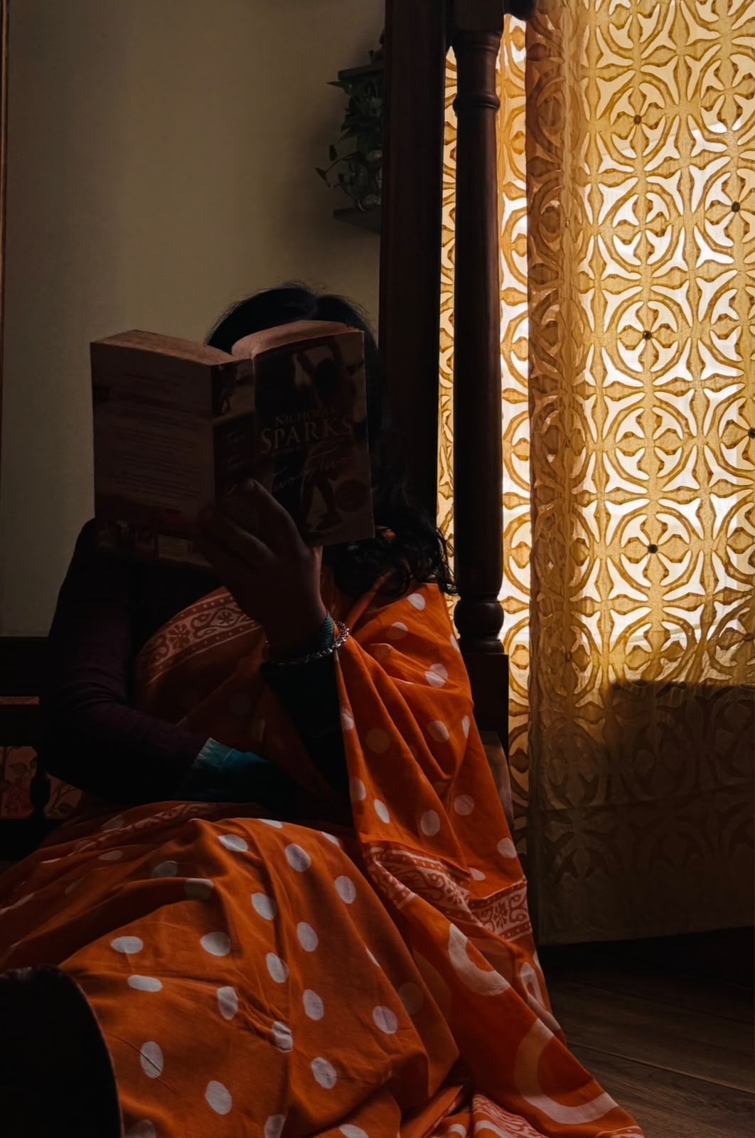 'Bindu' Orange Mul Cotton Handblock Saree