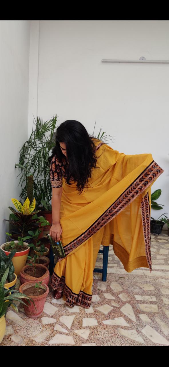 'Sunahri' Mustard Handblock Mul Cotton Saree