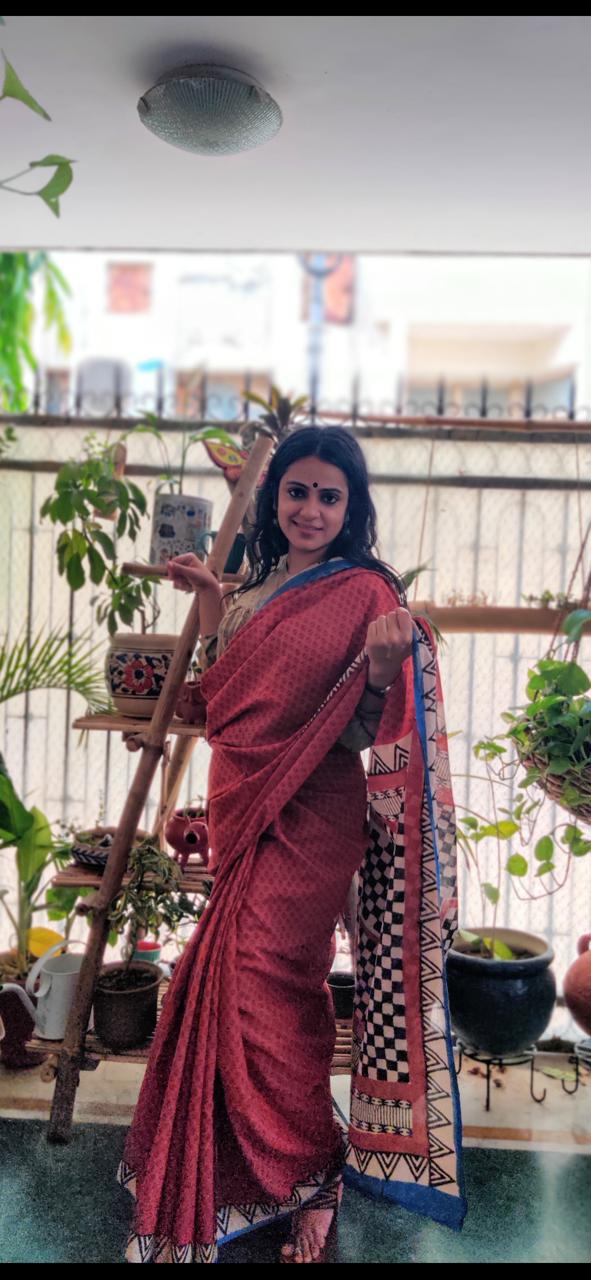 'Zara' Red Handblock Mul Cotton Saree