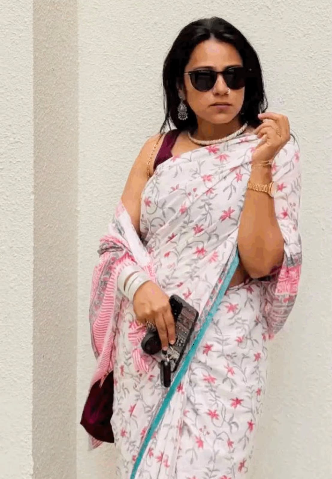 'Mehr' Pink and White Handblock Mul Cotton Saree