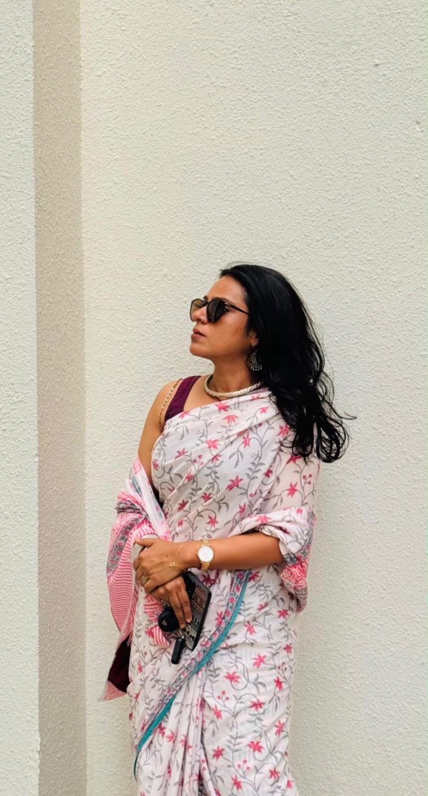 'Mehr' Pink and White Handblock Mul Cotton Saree