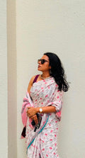 'Mehr' Pink and White Handblock Mul Cotton Saree