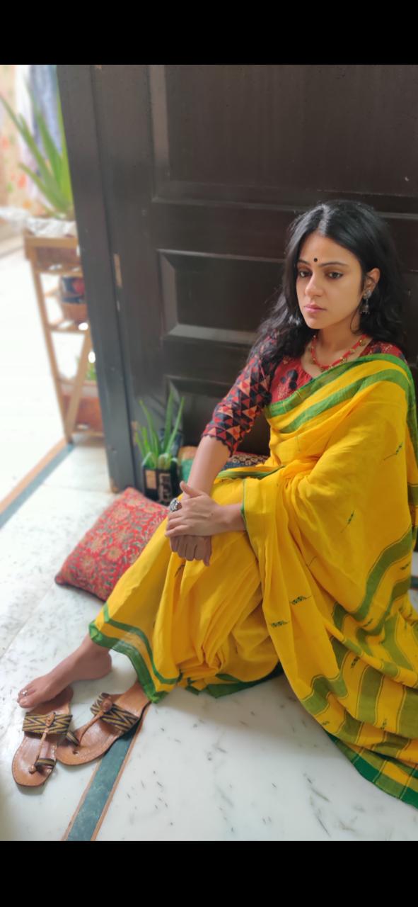 'Kaya' Yellow Cotton Handwoven Saree
