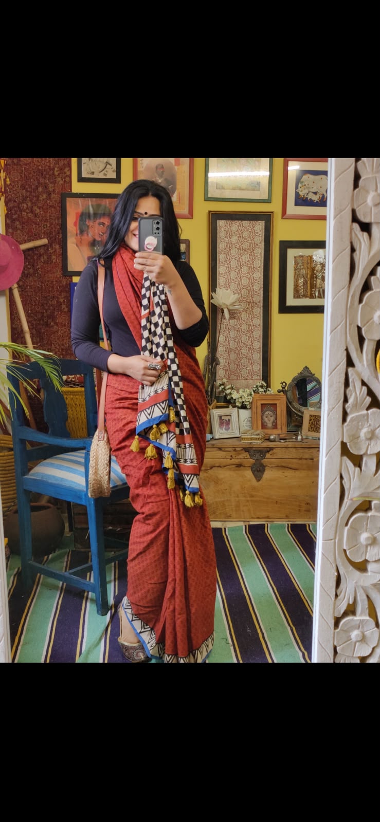 'Zara' Red Handblock Mul Cotton Saree