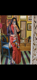 'Zara' Red Handblock Mul Cotton Saree