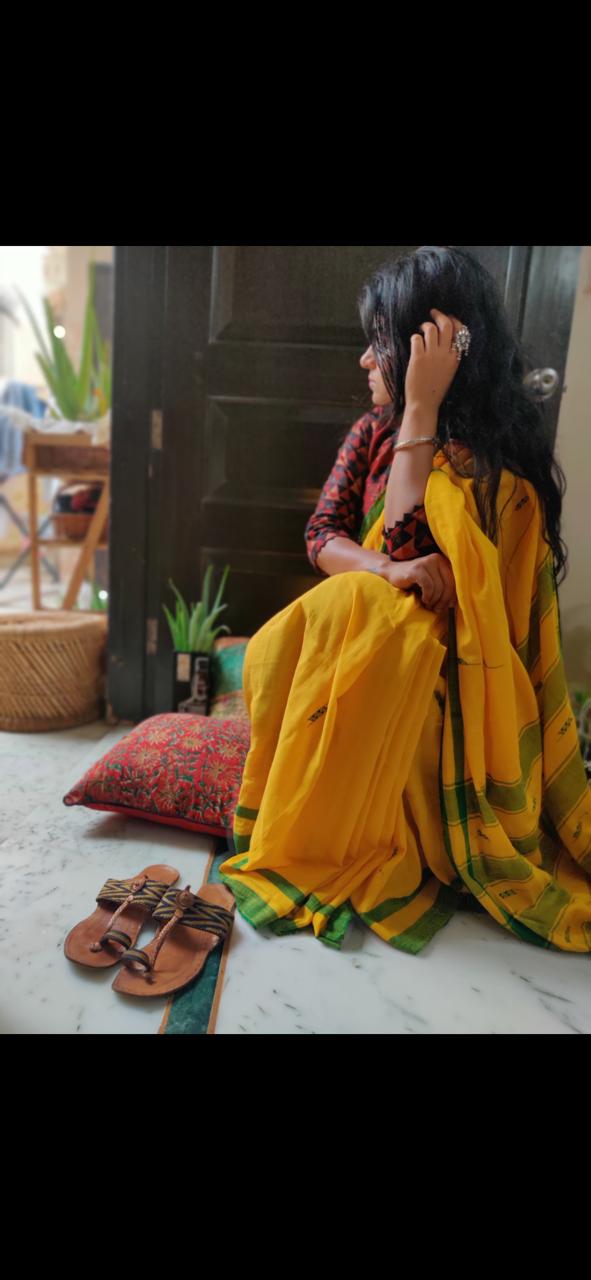 'Kaya' Yellow Cotton Handwoven Saree