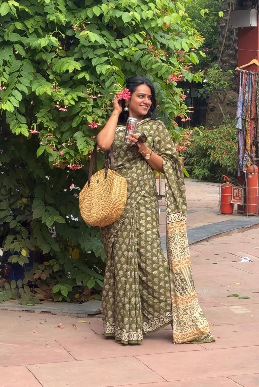 'Ziya' Green Handblock Mul Cotton Saree