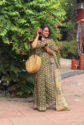 'Ziya' Green Handblock Mul Cotton Saree