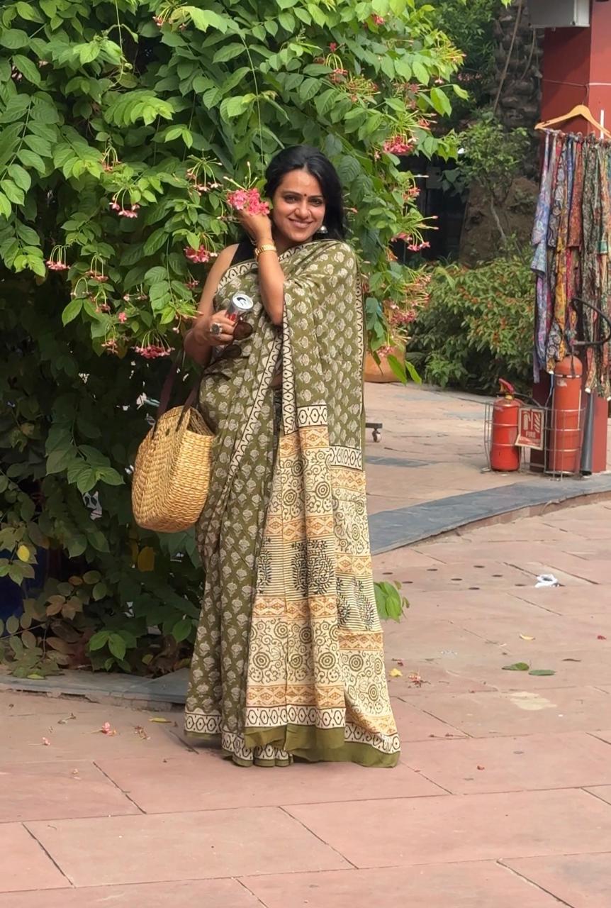 'Ziya' Green Handblock Mul Cotton Saree