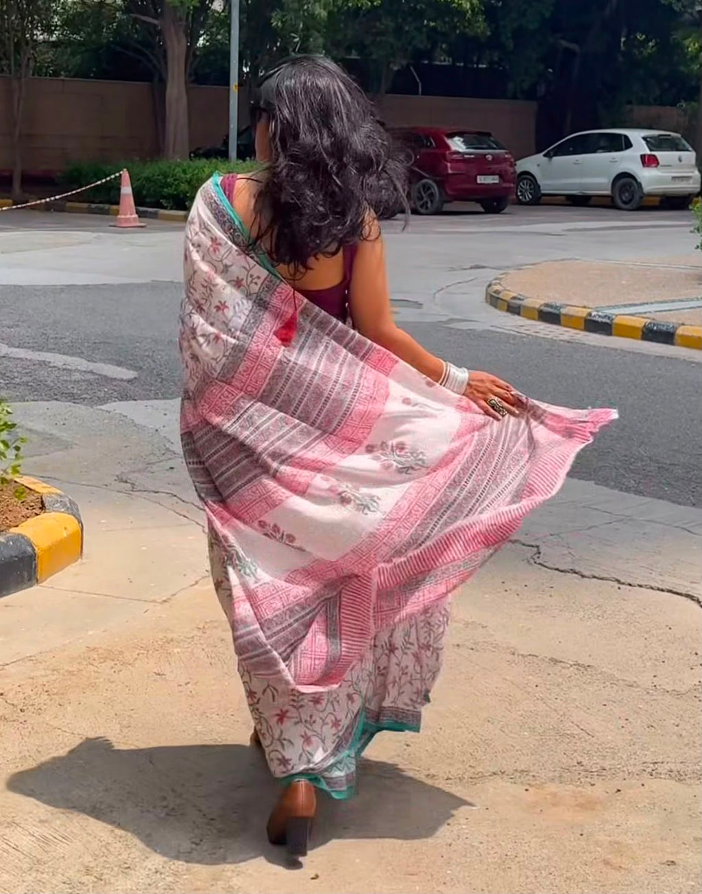 'Mehr' Pink and White Handblock Mul Cotton Saree